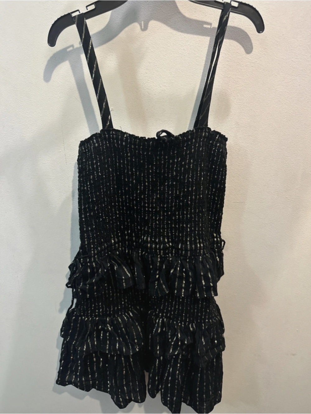 House of Harlow 1960 Black Metallic-Striped Ruffle Romper